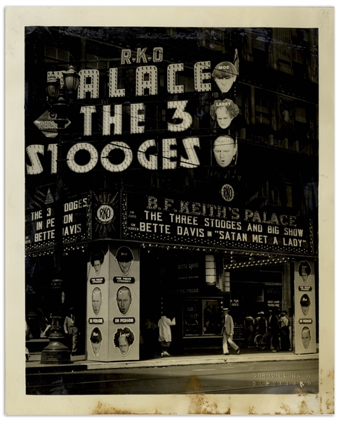 8 x 10 Glossy Photo From the 1930s, Featuring an RKO Marquee Reading The 3 Stooges, With Their Photos -- Discoloration at Bottom, Fair to Good Condition
